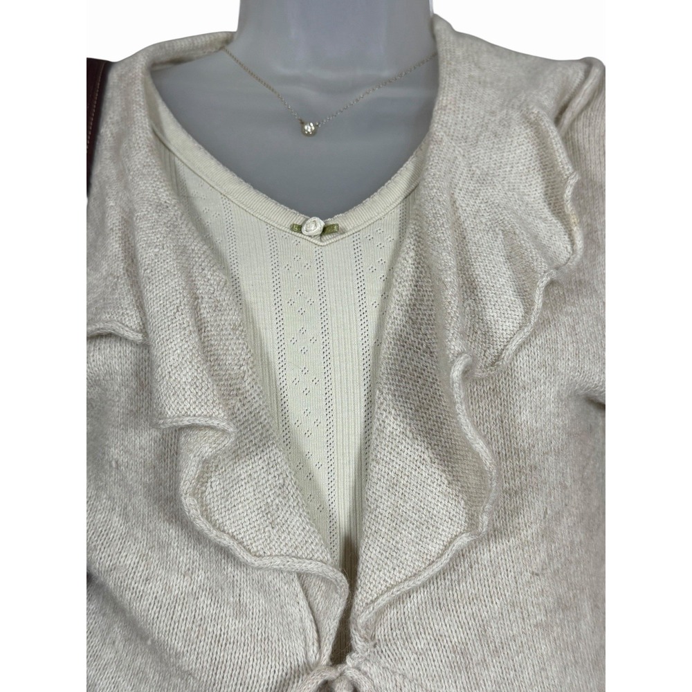 Promod Angora Blend Ruffle Cardigan Sweater Tie Front Beige Neutral Women's S - Picture 3 of 12